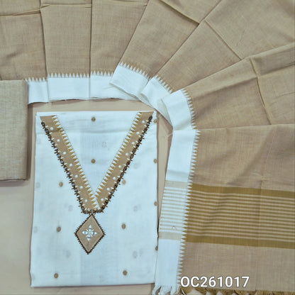 Off white premium handloom cotton unstitched salwar material,thread woven buttas on front, v neck with real mirror on yoke, (lining optional)beige handloom cotton bottom,handloom cotton dupatta with contrast borders. OC261017