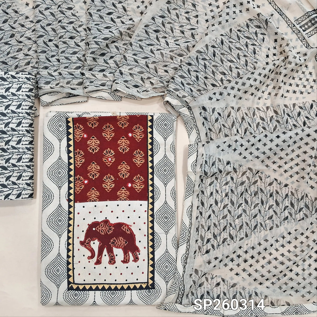 Beige block printed soft cotton unstitched salwar material, ajrak yoke patch (Lining Optional) Printed cotton bottom, block printed fancy chiffon dupatta. SP260314