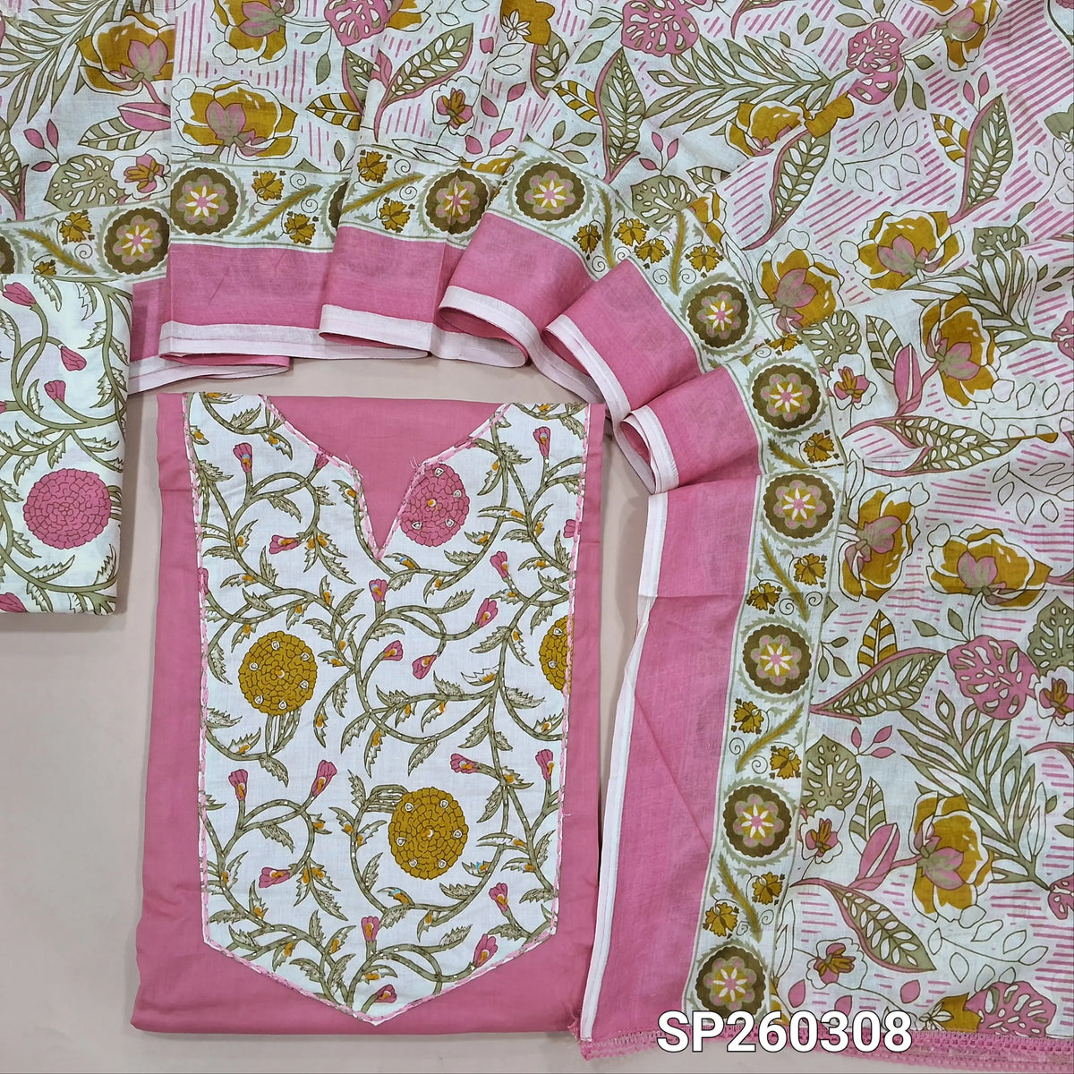 Pastel Pink premium cotton unstitched salwar material, printed yoke with bead work (Lining Needed) matching floral printed cotton bottom, printed mul cotton dupatta. SP260308