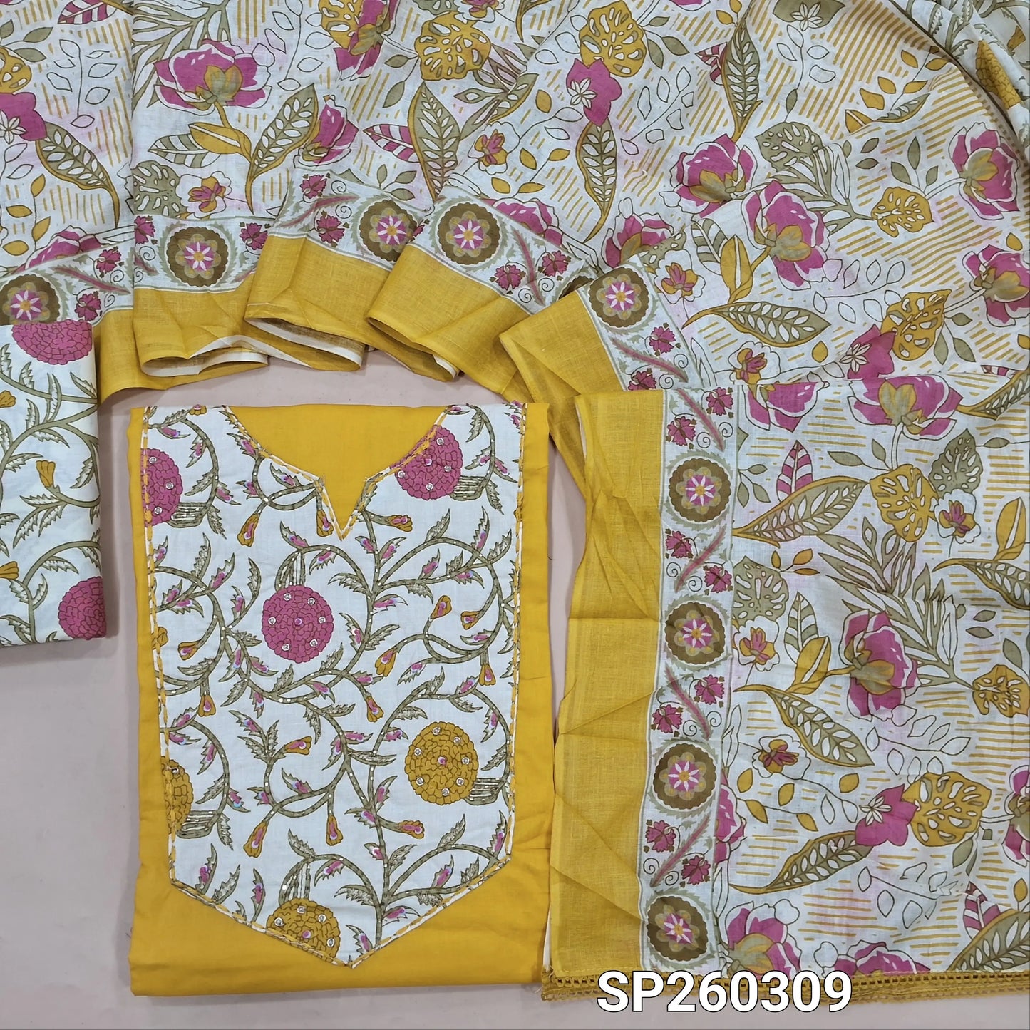 Pastel yelow premium cotton unstitched salwar material, printed yoke with bead work (Lining Needed) matching floral printed cotton bottom, printed mul cotton dupatta. SP260309