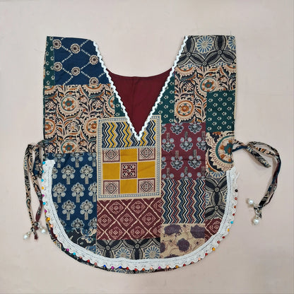 Maroon designer dabu cotton unstitched salwar material, applique and mirror work on yoke and daman (Lining Optional) matching bottom, printed mul cotton dupatta, printed dabu cotton over coat. SP260310