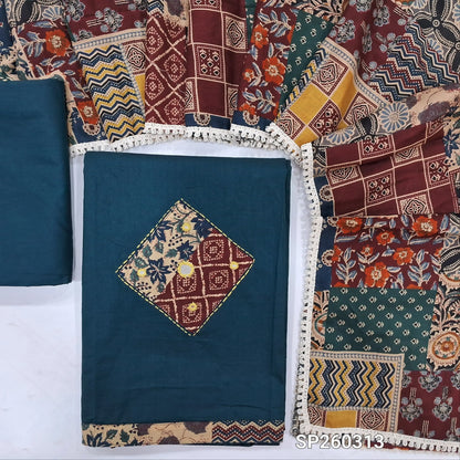 Dark Teal Blue designer dabu cotton unstitched salwar material, applique and mirror work on yoke and daman (Lining Optional) matching bottom, printed mul cotton dupatta, printed dabu cotton over coat. SP260313