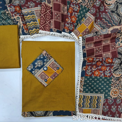 Mehandhi Yelow designer dabu cotton unstitched salwar material, applique and mirror work on yoke and daman (Lining Optional) matching bottom, printed mul cotton dupatta, printed dabu cotton over coat. SP260311