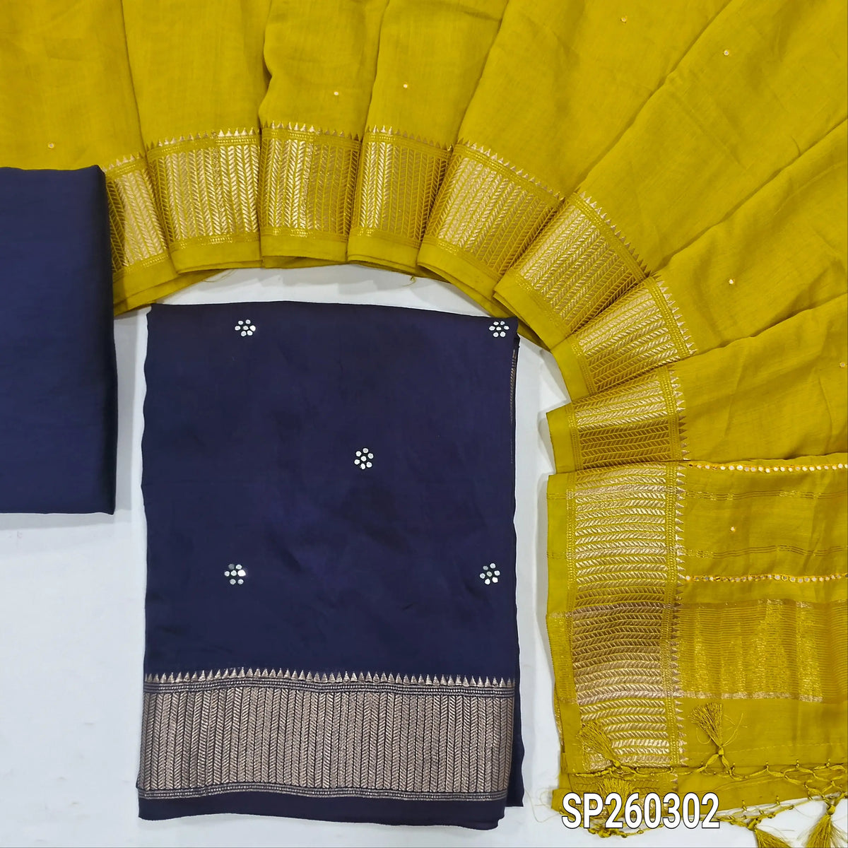 PREORDER SHIPPING 10 DAYS Dark blue uppada silk dress material, faux mirror and thread work all over, benarasi zari border (Thin, Lining Needed) bottom, mehandhi yellow uppada silk dupatta with faux mirror work and tissue pallu with borders. SP260303.
