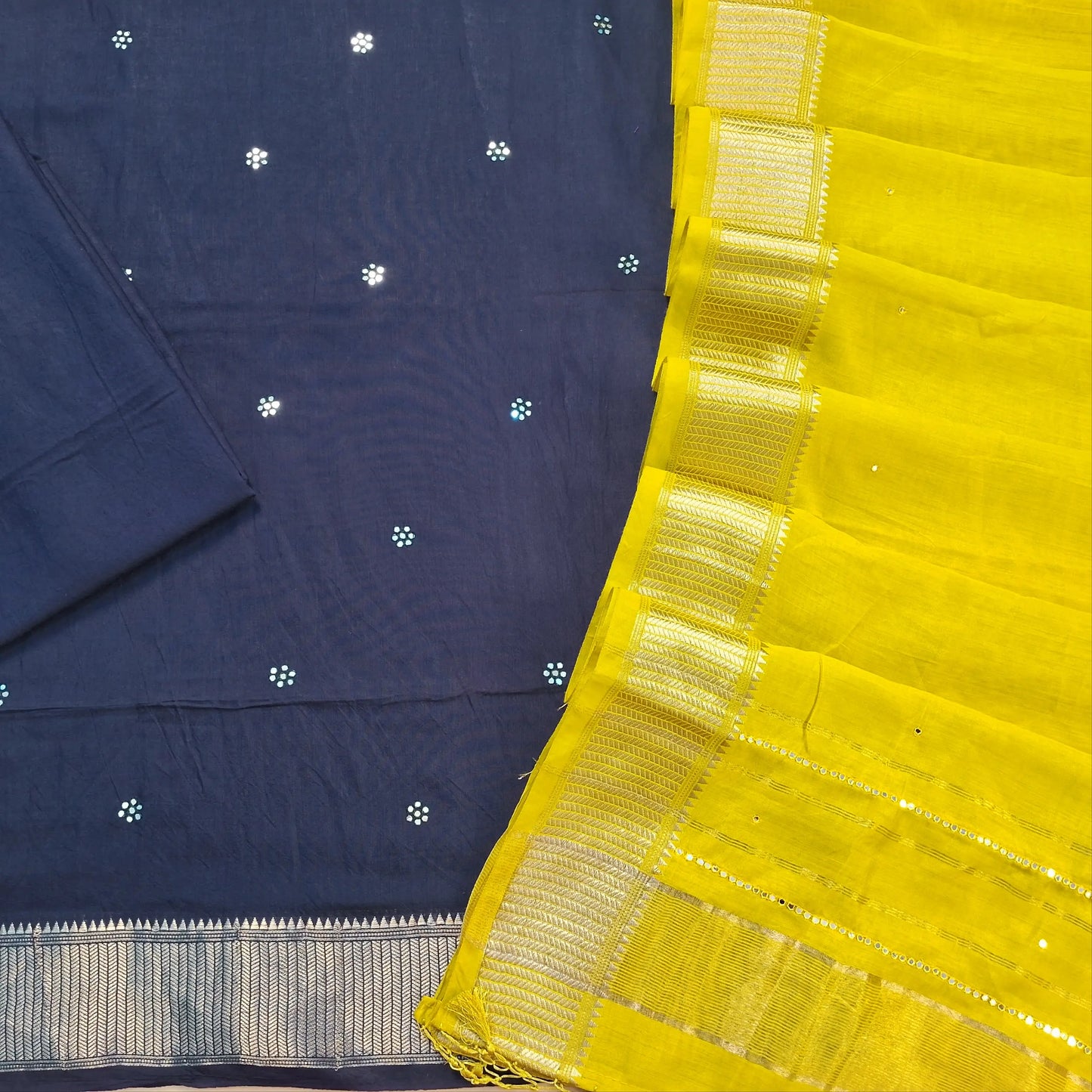 PREORDER SHIPPING 10 DAYS Dark blue uppada silk dress material, faux mirror and thread work all over, benarasi zari border (Thin, Lining Needed) bottom, mehandhi yellow uppada silk dupatta with faux mirror work and tissue pallu with borders. SP260303.