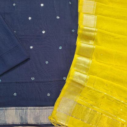 PREORDER SHIPPING 10 DAYS Dark blue uppada silk dress material, faux mirror and thread work all over, benarasi zari border (Thin, Lining Needed) bottom, mehandhi yellow uppada silk dupatta with faux mirror work and tissue pallu with borders. SP260303.