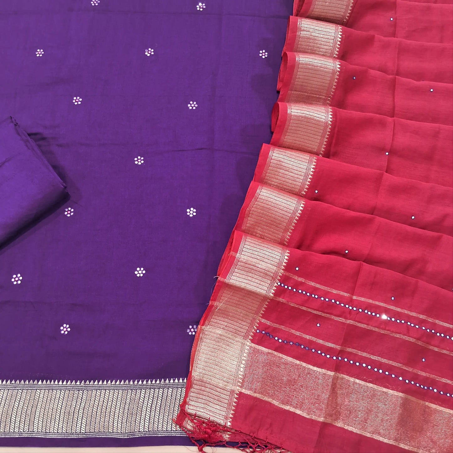 PREORDER SHIPPING 10 DAYS Purple uppada silk unstitched salwar material, faux mirror and thread work all over, benarasi zari border (Thin, Lining Needed) Matching bottom, bright pink uppada silk dupatta with faux mirror work & benarasi borders. SP260301