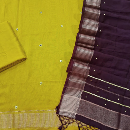 PREORDER SHIPPING 10 DAYS Mehandhi Yellow uppada silk dress material, faux mirror and thread work all over, benarasi zari border (Thin, Lining Needed) Matching bottom, dark maroon uppada silk dupatta with faux mirror work & benarasi borders. SP260302