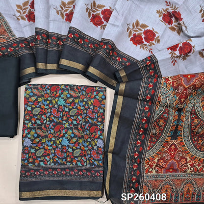 Black floral printed soft silk cotton unstitched salwar material, tissue borders on daman (Lining Needed) Matching spun cotton bottom, digital printed soft silk cotton dupatta with borders. SP260408