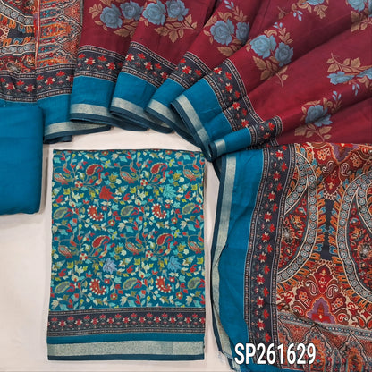 Teal blue floral printed soft silk cotton unstitched salwar material, tissue borders on daman (Lining Needed) Matching spun cotton bottom, digital printed soft silk cotton dupatta with borders. SP261715