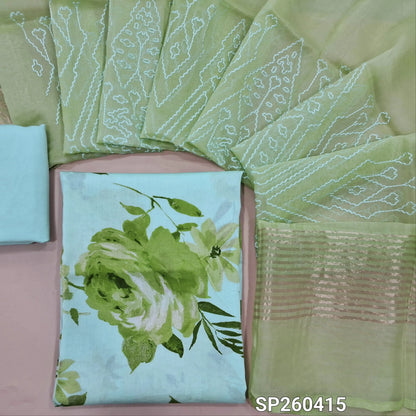 Designer pastel blue mul chanderi unstitched salwar material, digital printed (Soft, Lining Needed) Matching silky bottom, Pastel green premium organza silk dupatta with heavy embroidery. SP260415