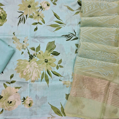 Designer pastel blue mul chanderi unstitched salwar material, digital printed (Soft, Lining Needed) Matching silky bottom, Pastel green premium organza silk dupatta with heavy embroidery. SP260415