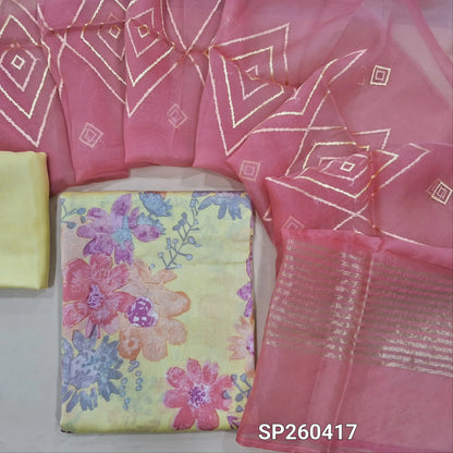 Designer pastel yellow mul chanderi unstitched salwar material, digital printed (Soft, Lining Needed) Matching silky bottom, peachish pink premium organza silk dupatta with heavy embroidery. SP260417