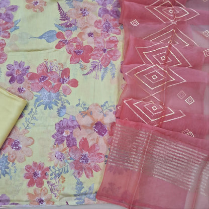 Designer pastel yellow mul chanderi unstitched salwar material, digital printed (Soft, Lining Needed) Matching silky bottom, peachish pink premium organza silk dupatta with heavy embroidery. SP260417