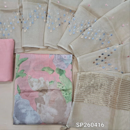 Designer pastel pink mul chanderi unstitched salwar material, digital printed (Soft, Lining Needed) Matching silky bottom, Beige premium organza silk dupatta with heavy embroidery. SP260416