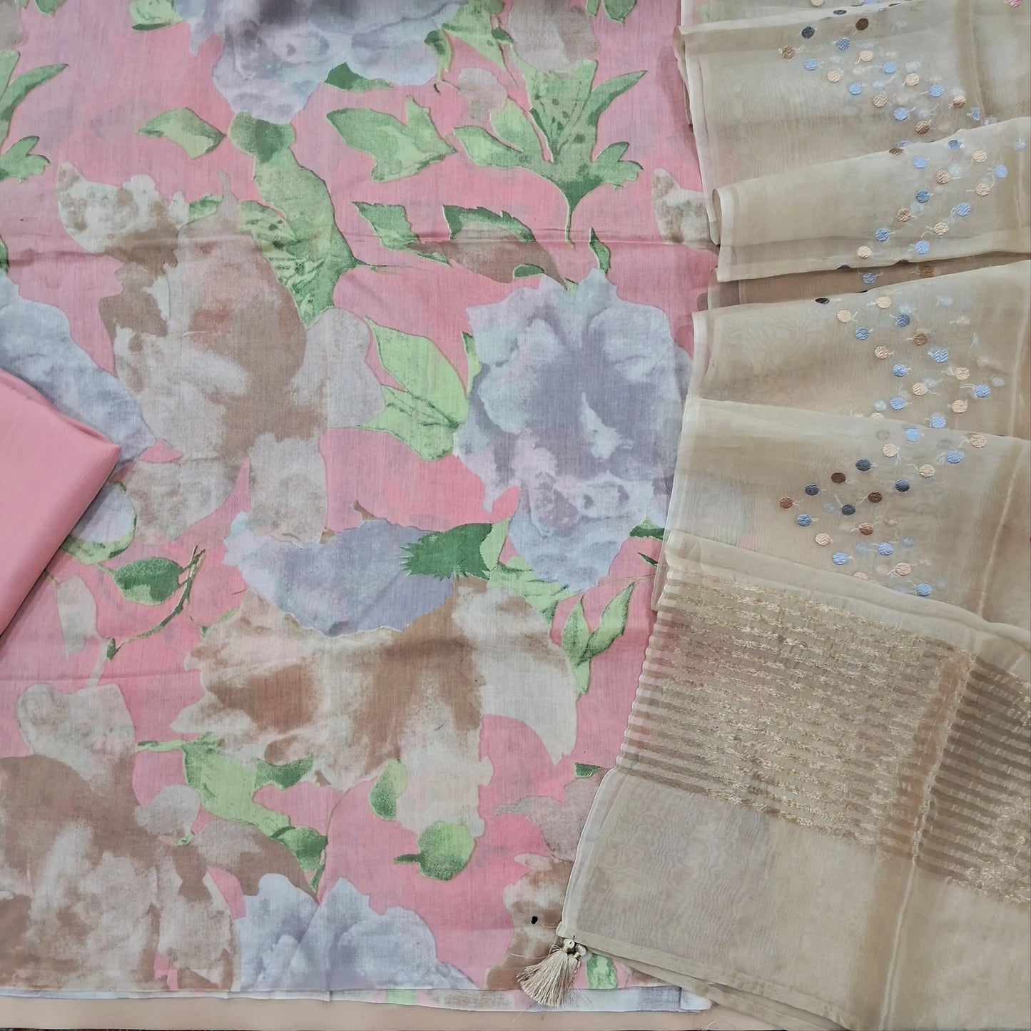 Designer pastel pink mul chanderi unstitched salwar material, digital printed (Soft, Lining Needed) Matching silky bottom, Beige premium organza silk dupatta with heavy embroidery. SP260416