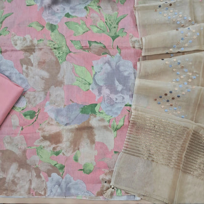 Designer pastel pink mul chanderi unstitched salwar material, digital printed (Soft, Lining Needed) Matching silky bottom, Beige premium organza silk dupatta with heavy embroidery. SP260416