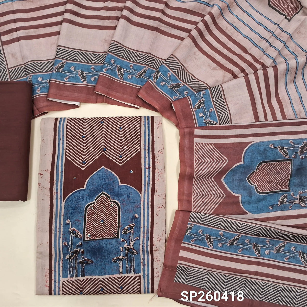 Blue and maroon printed soft cotton unstitched salwar material (Lining Needed) contrast cotton bottom, printed soft cotton dupatta. SP260418