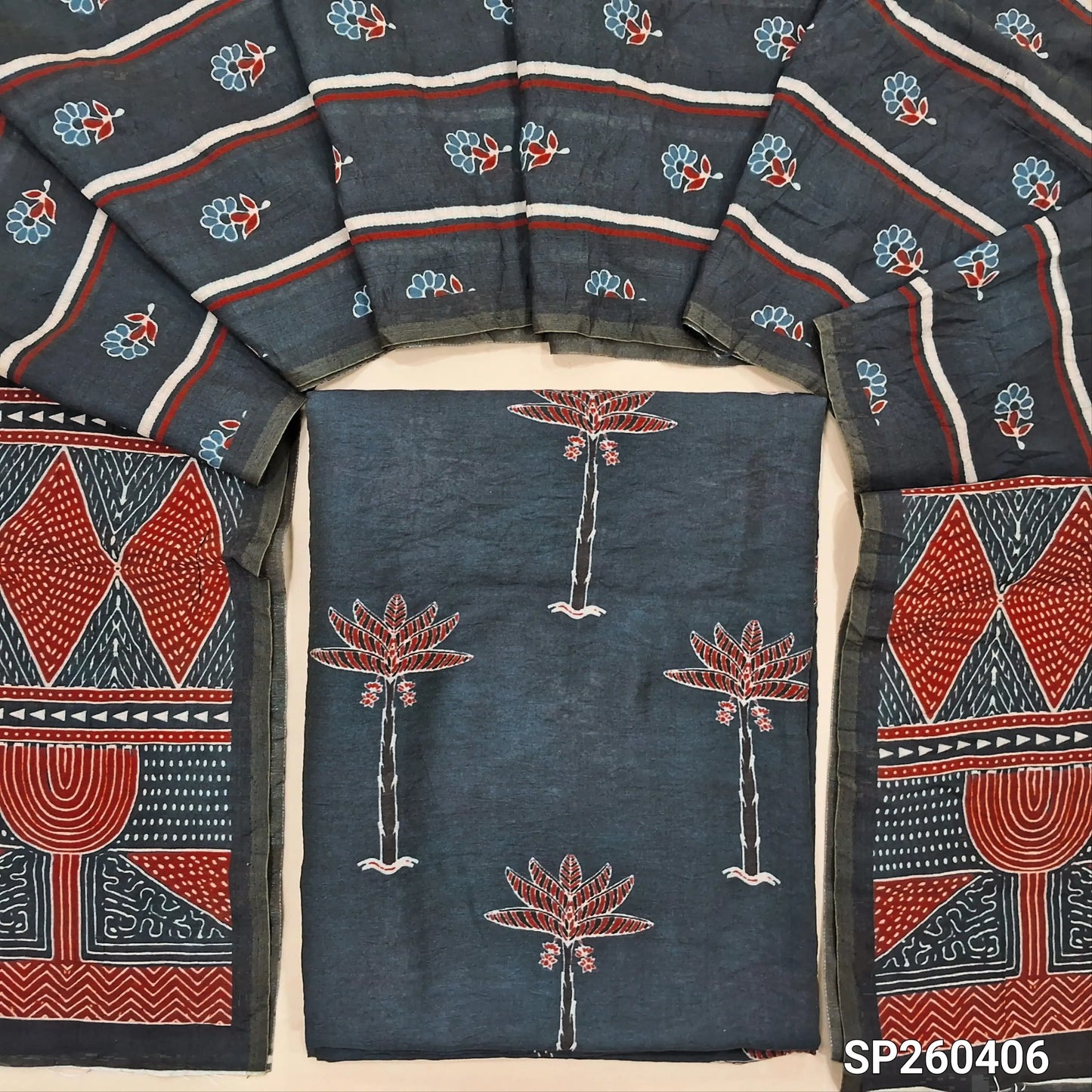 PREORDER SHIPPING AFTER 15 DAYS Dark blueish grey digital printed mogra chanderi unstitched salwar material (Crinkled, Lining Needed) No Bottom, digital printed mogra chanderi dupatta. SP260406