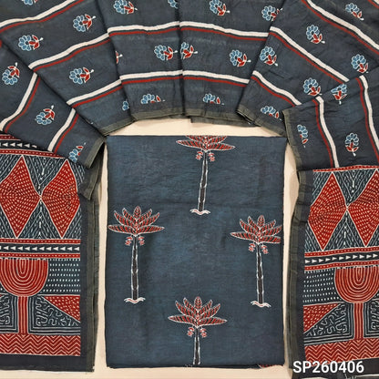 PREORDER SHIPPING AFTER 15 DAYS Dark blueish grey digital printed mogra chanderi unstitched salwar material (Crinkled, Lining Needed) No Bottom, digital printed mogra chanderi dupatta. SP260406