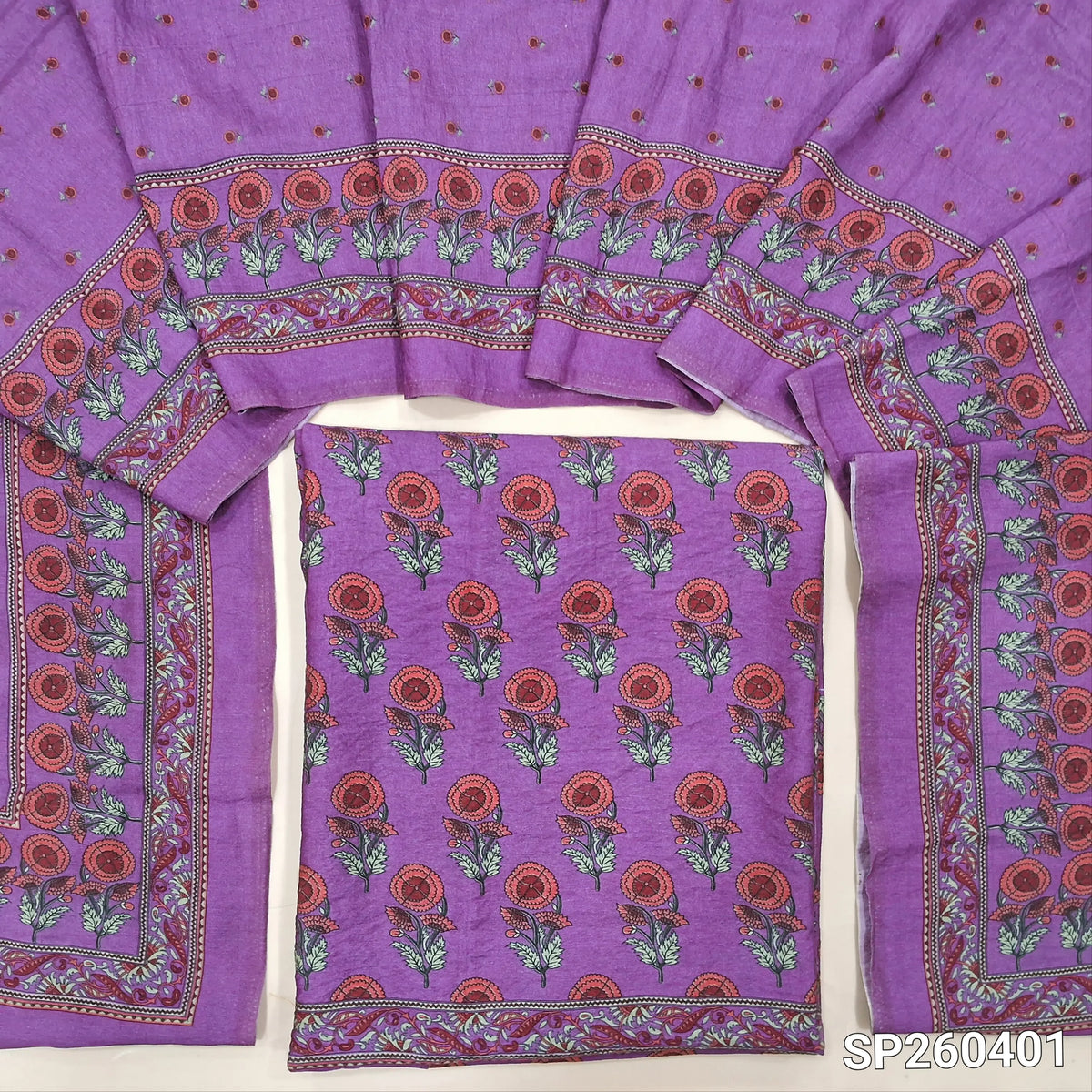 PREORDER SHIPPING AFTER 15 DAYS Purple digital printed mogra chanderi unstitched salwar material (Crinkled, Lining Needed) No Bottom, digital printed mogra chanderi dupatta. SP260401