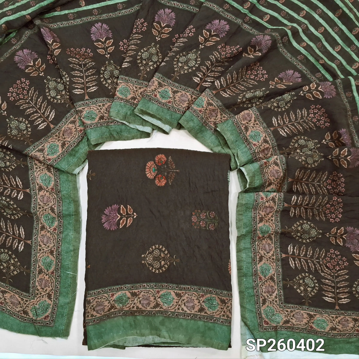 PREORDER SHIPPING AFTER 15 DAYS  Dark brown digital printed mogra chanderi unstitched salwar material (Crinkled, Lining Needed) No Bottom, digital printed mogra chanderi dupatta. SP260402