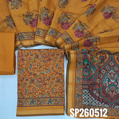 Mehandhi yellow floral printed soft silk cotton unstitched salwar material, tissue borders on daman (Lining Needed) Matching spun cotton bottom, digital printed soft silk cotton dupatta with borders. SP260512