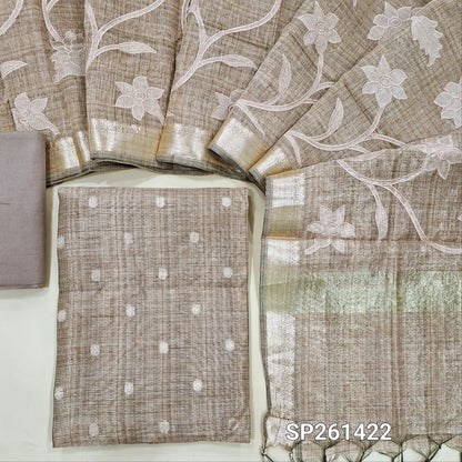 Onion pink with golden tint tissue silk cotton untitched salwar material, zari buttas on front (Textured, Lining Needed)matching spun cotton bottom, tissue silk cotton dupatta with applique work zari woven borders and pallu. SP261422