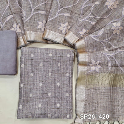 Mauve with golden tint tissue silk cotton untitched salwar material, zari buttas on front (Textured, Lining Needed)matching spun cotton bottom, tissue silk cotton dupatta with applique work zari woven borders and pallu. SP261420