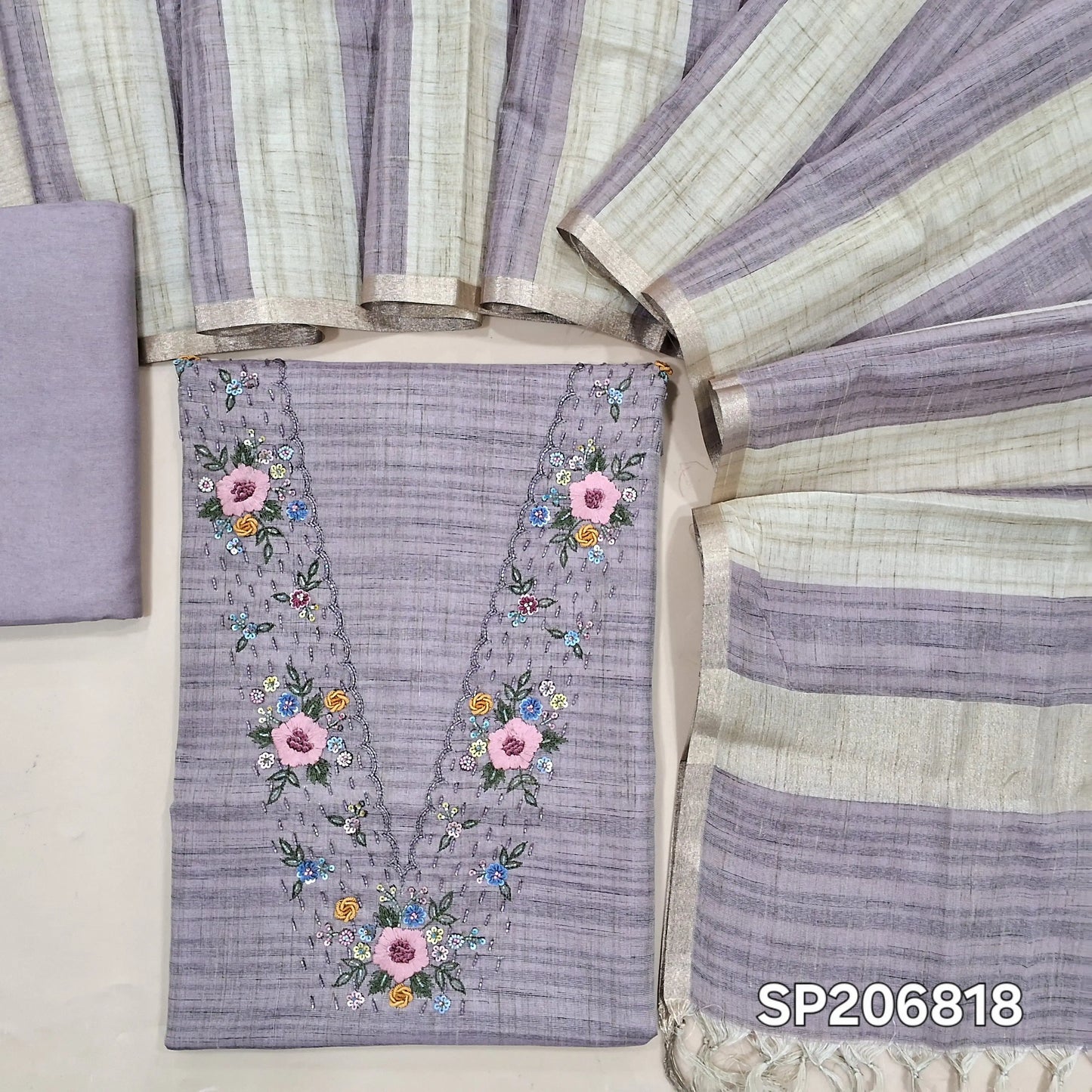 Designer mauve premium tussar unstitched salwar material, V neckline with hand embroidery and sequins work (Textured, Lining Needed)macthing santoon bottom, striped tussar dupatta. SP260819