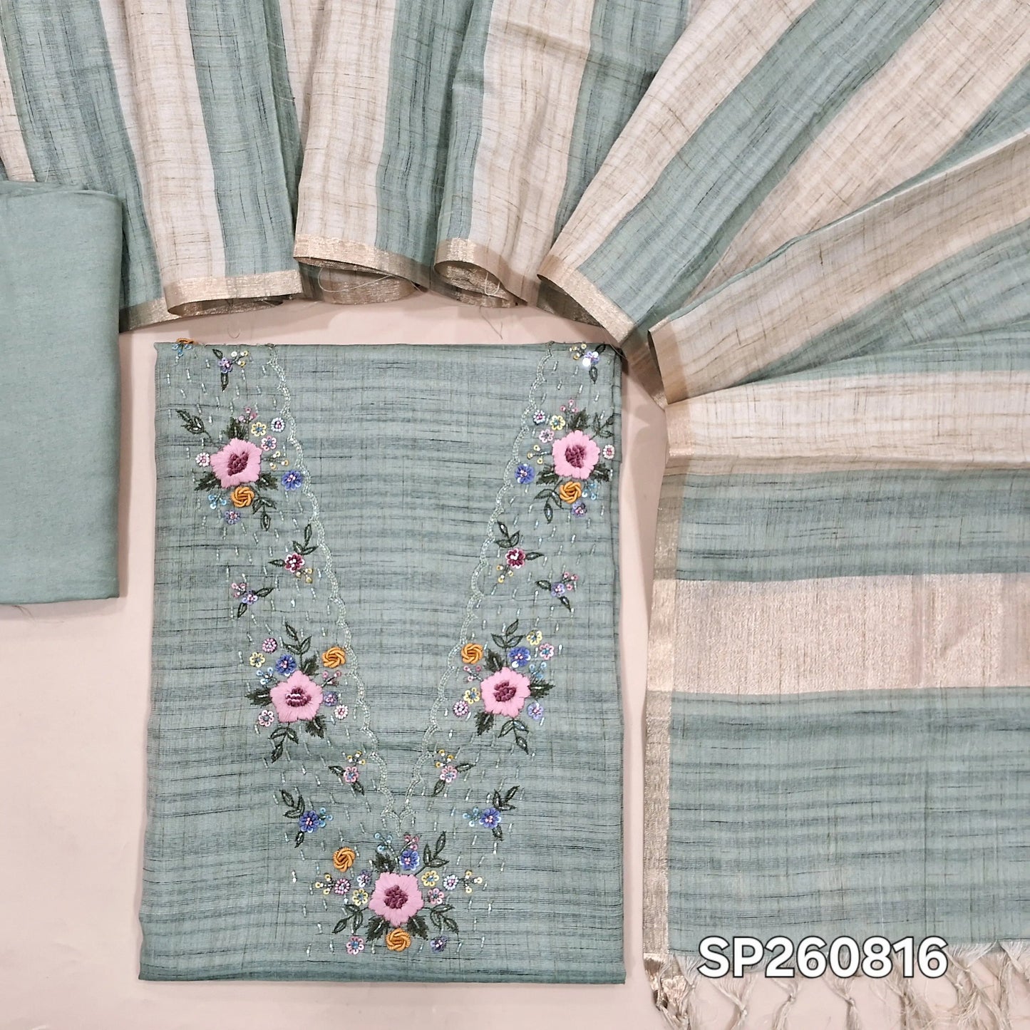 Designer sage green premium tussar unstitched salwar material, V neckline with hand embroidery and sequins work (Textured, Lining Needed)macthing santoon bottom, striped tussar dupatta. SP260816