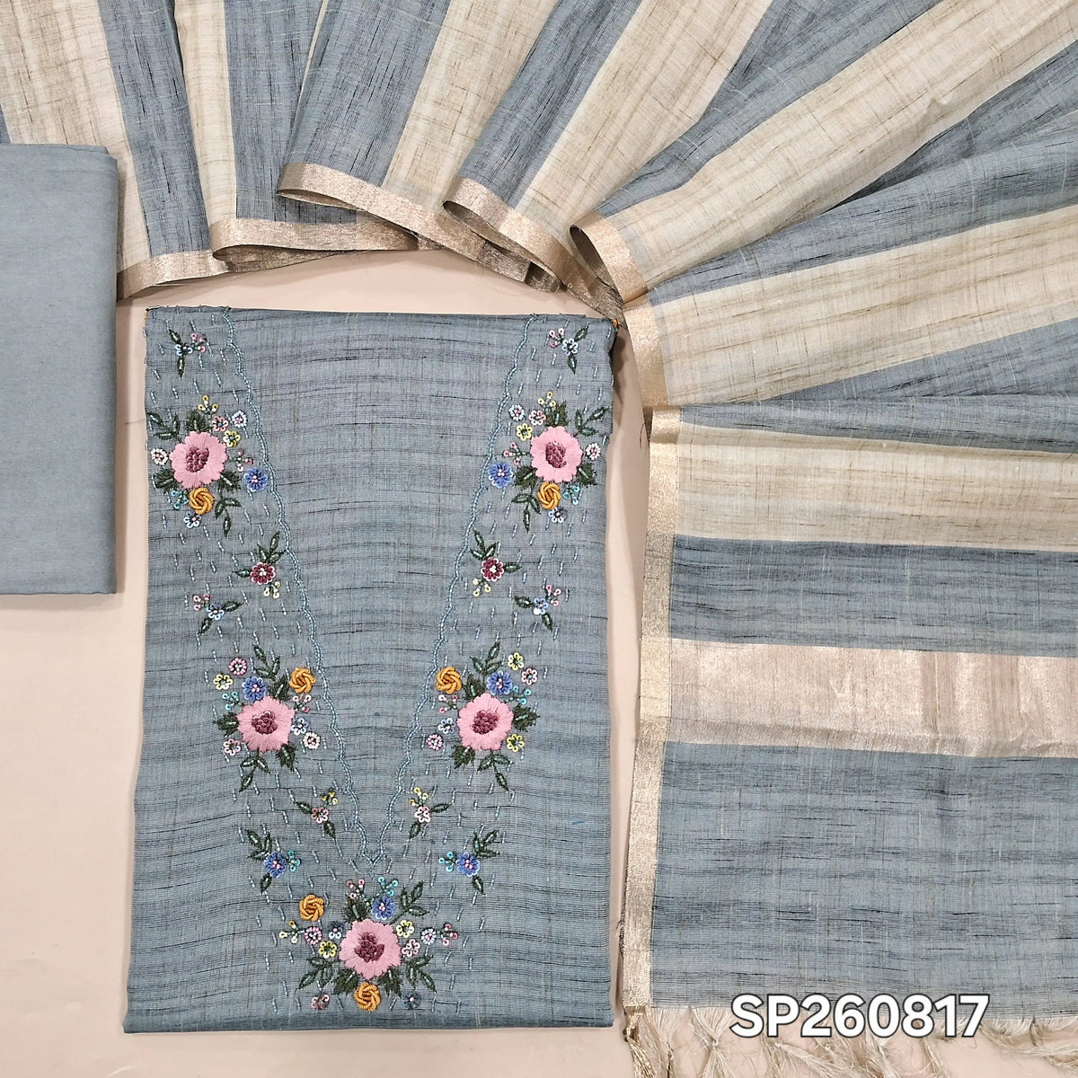 Designer grey premium tussar unstitched salwar material, V neckline with hand embroidery and sequins work (Textured, Lining Needed)macthing santoon bottom, striped tussar dupatta. SP260817