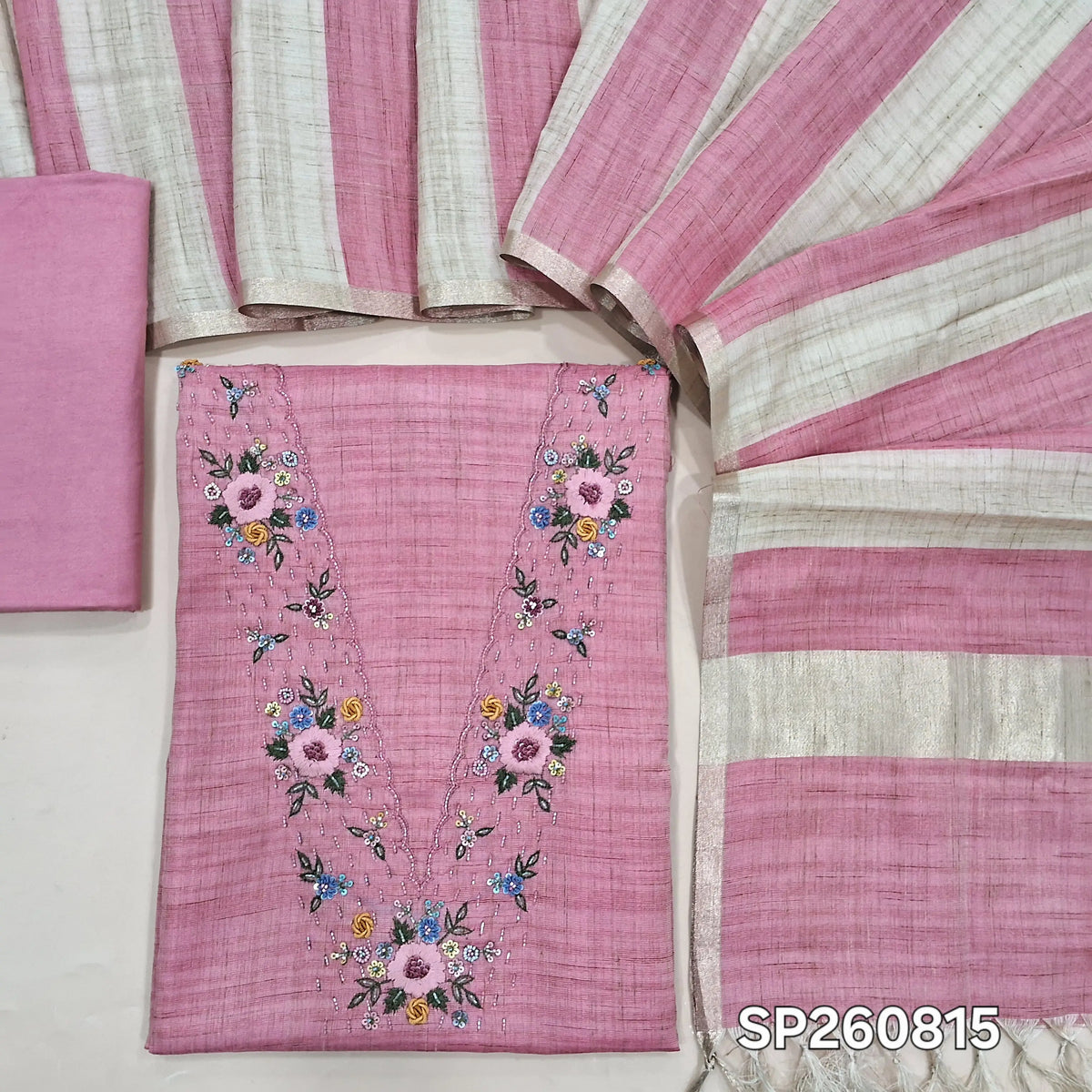 Designer pink premium tussar unstitched salwar material, V neckline with hand embroidery and sequins work (Textured, Lining Needed)macthing santoon bottom, striped tussar dupatta. SP260815