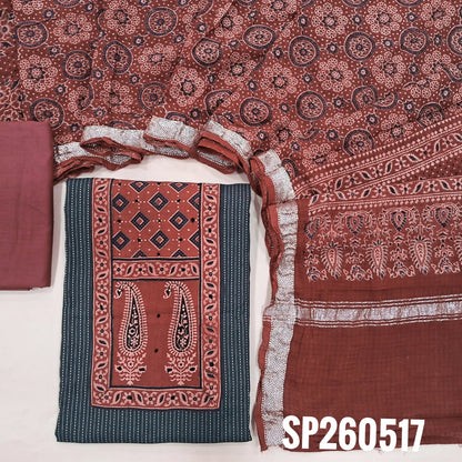Black and reddish maroon pure soft kantha cotton unstitched salwar material, ajrak yoke patch with french knot work (Lining Optional)matching cotton bottom, ajrak hand block printed mul cotton dupatta. TAPINGS NEEDED. SP260517