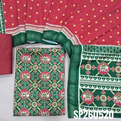 Green and red patola printed semi tussar unstitched salwar material (Silky, Lining Needed)matching silky bottom, patola printed semi tussar dupatta. SP260520