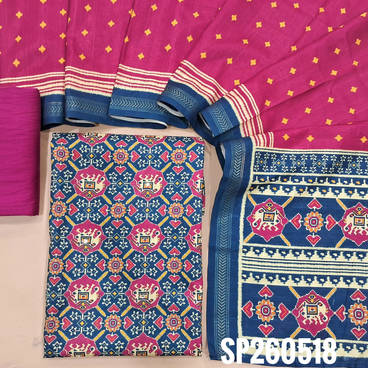 Blue and pink patola printed semi tussar unstitched salwar material (Silky, Lining Needed)matching silky bottom, patola printed semi tussar dupatta. SP260518