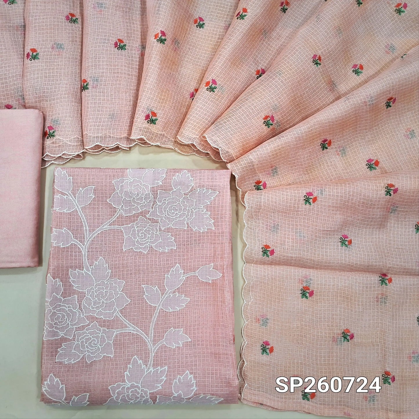Peachish pink premium kota unstitched salwar material, applique work on panel, embroidery on front (Thin, Lining Needed)matching santoon bottom, embroidered kota dupatta. SP260724