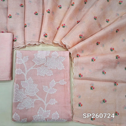 Peachish pink premium kota unstitched salwar material, applique work on panel, embroidery on front (Thin, Lining Needed)matching santoon bottom, embroidered kota dupatta. SP260724