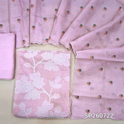 Pastel pink premium kota unstitched salwar material, applique work on panel, embroidery on front (Thin, Lining Needed)matching santoon bottom, embroidered kota dupatta. SP260722