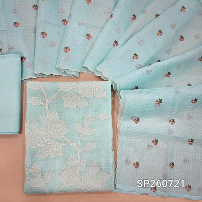 Pastel blue premium kota unstitched salwar material, applique work on panel, embroidery on front (Thin, Lining Needed)matching santoon bottom, embroidered kota dupatta. SP260721
