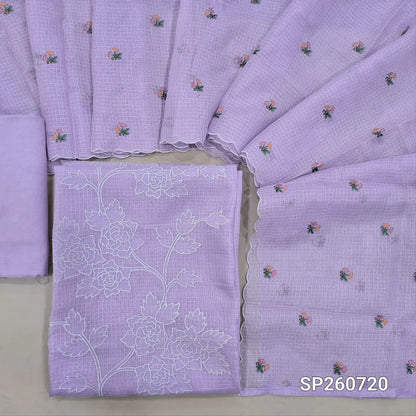Lavender premium kota unstitched salwar material, applique work on panel, embroidery on front (Thin, Lining Needed)matching santoon bottom, embroidered kota dupatta. SP260720