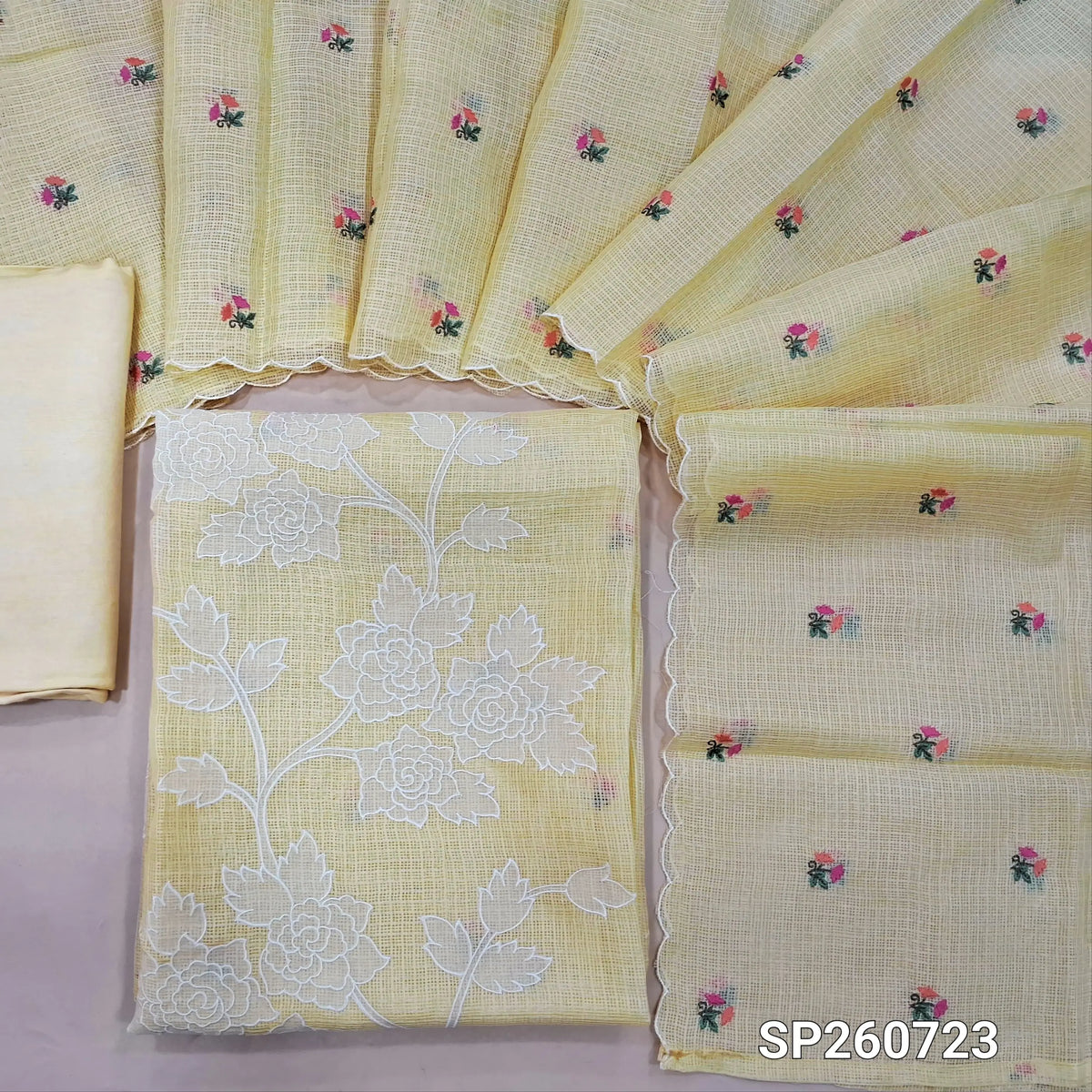 Pastel yellow premium kota unstitched salwar material, applique work on panel, embroidery on front (Thin, Lining Needed)matching santoon bottom, embroidered kota dupatta. SP260723