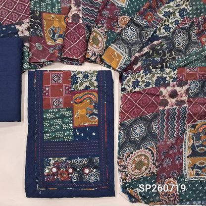 Dark blue soft cotton unstitched salwar material, embroidery work all over, printed yoke with real mirror and kantha stitch detailing (Lining Needed) matching cotton bottom, printed soft mixed cotton dupatta. SP260719