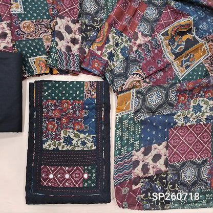 Black soft cotton unstitched salwar material, embroidery work all over, printed yoke with real mirror and kantha stitch detailing (Lining Needed) matching cotton bottom, printed soft mixed cotton dupatta. SP260718