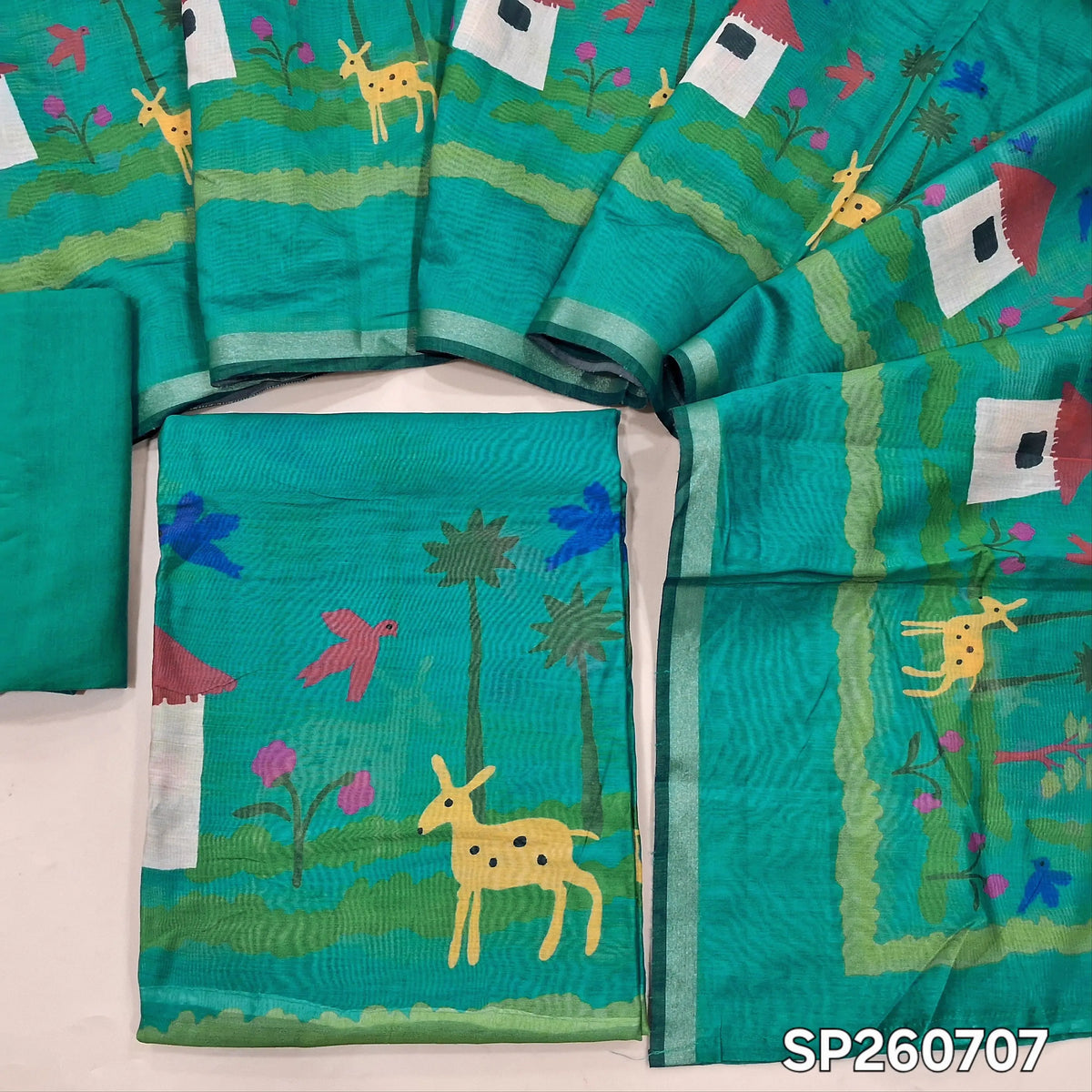 Bright turquoise blue silk cotton digital printed unstitched salwar material (Thin, Lining Needed)matching cotton drum dyed bottom, digital printed silk cotton dupatta. SP260707