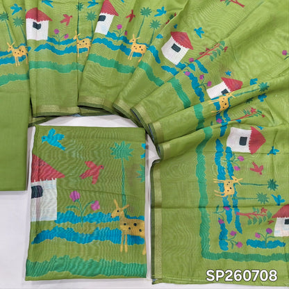 Light leafy green silk cotton digital printed unstitched salwar material (Thin, Lining Needed)matching cotton drum dyed bottom, digital printed silk cotton dupatta. SP260708