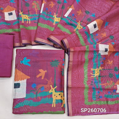 Rani pink silk cotton digital printed unstitched salwar material (Thin, Lining Needed)matching cotton drum dyed bottom, digital printed silk cotton dupatta. SP260706