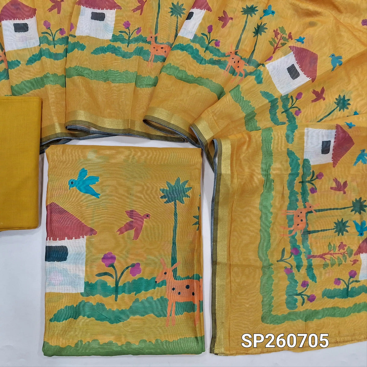 Mango yellow silk cotton digital printed unstitched salwar material (Thin, Lining Needed)matching cotton drum dyed bottom, digital printed silk cotton dupatta. SP260705