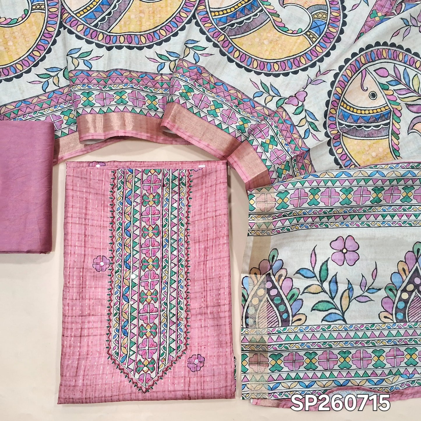 Pink premium semi tussar silk unstitched salwar material, embroidery and faux mirror work on yoke, zari stripes and printed all over (Lining Needed)matching silky bottom,madhubani printed semi tussar dupatta. SP260715