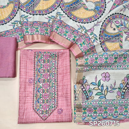 Pink premium semi tussar silk unstitched salwar material, embroidery and faux mirror work on yoke, zari stripes and printed all over (Lining Needed)matching silky bottom,madhubani printed semi tussar dupatta. SP260715